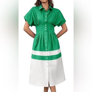 NWT Women dress V-neck Green White color block Button-Down collar midi Dress